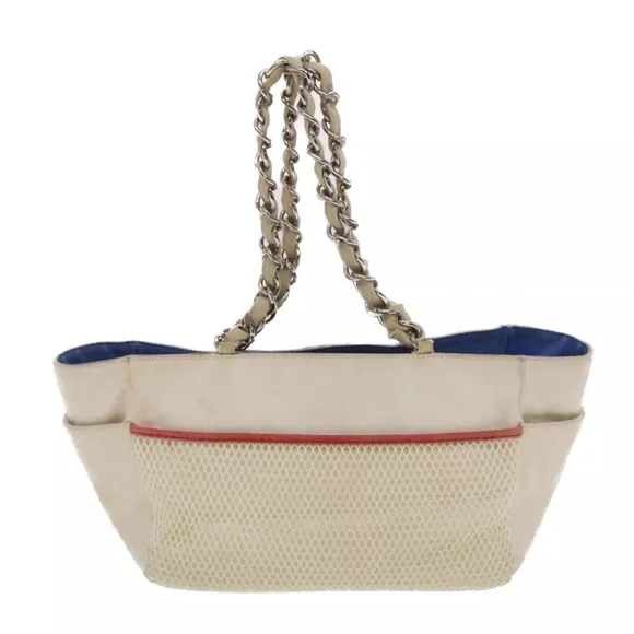 Vintage CHANEL Chain Tote Bag No5 Canvas White CC Auth 49901
